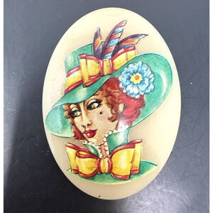 Vintage Lady Portrait Brooch Large Oval Resin Hat Victorian Style 2.5”